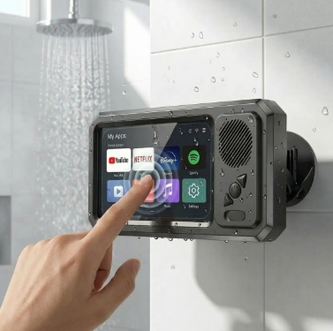 Su Geçirmez Kutu Hoparlör, Banyo İçin Su Geçirmez 360 Derece Dönen Dokunmatik Ekran, Bluetooth Hoparlör, Film İzleme, Müzik Dinleme, Telefon Tutucu, Bluetooth Hoparlör Sesli Duş TV Tutucu, Yüzme Havuzu, Mutfak, Banyo, Lavabo